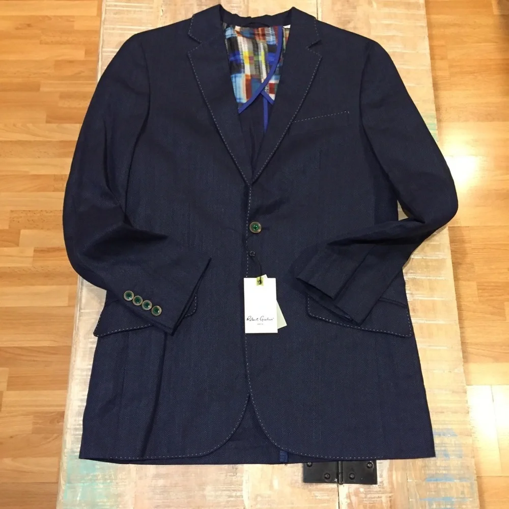 NWT Robert Graham Campbell Blazer linen navy blue